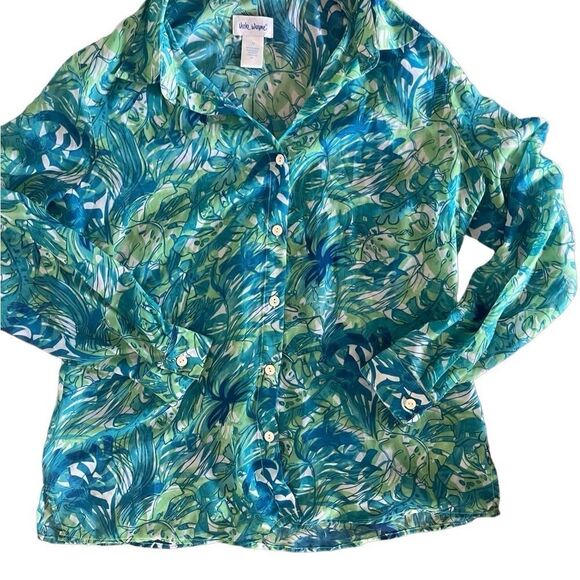 Vicki Wayne tropical teal & green button down long sleeve sheer blouse sz 12 - Picture 3 of 7